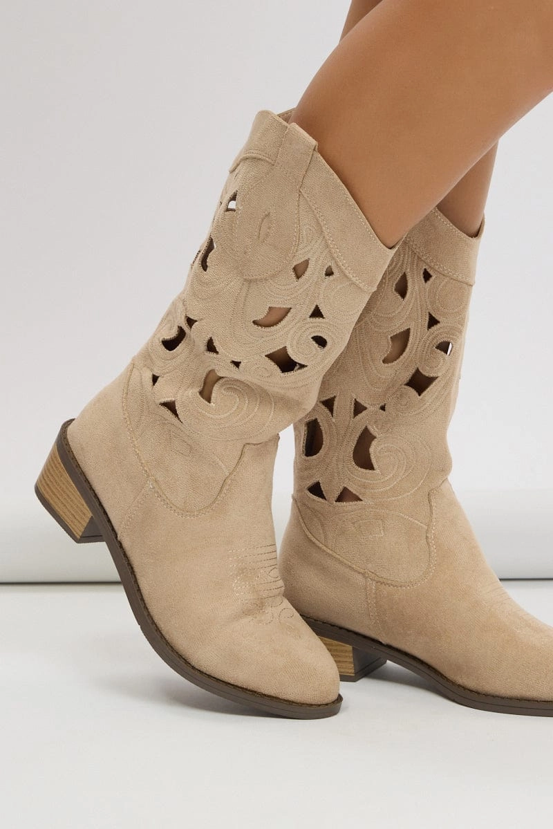 Beige Cut Out Western Cowboy Boots