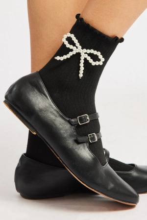 Black Frill Socks with Pearl Bow