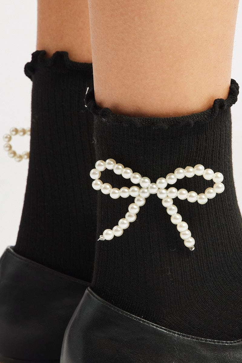 Black Frill Socks with Pearl Bow