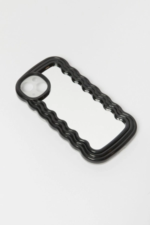 Black iPhone 14 Wavy Abstract Mirror Case with Holder