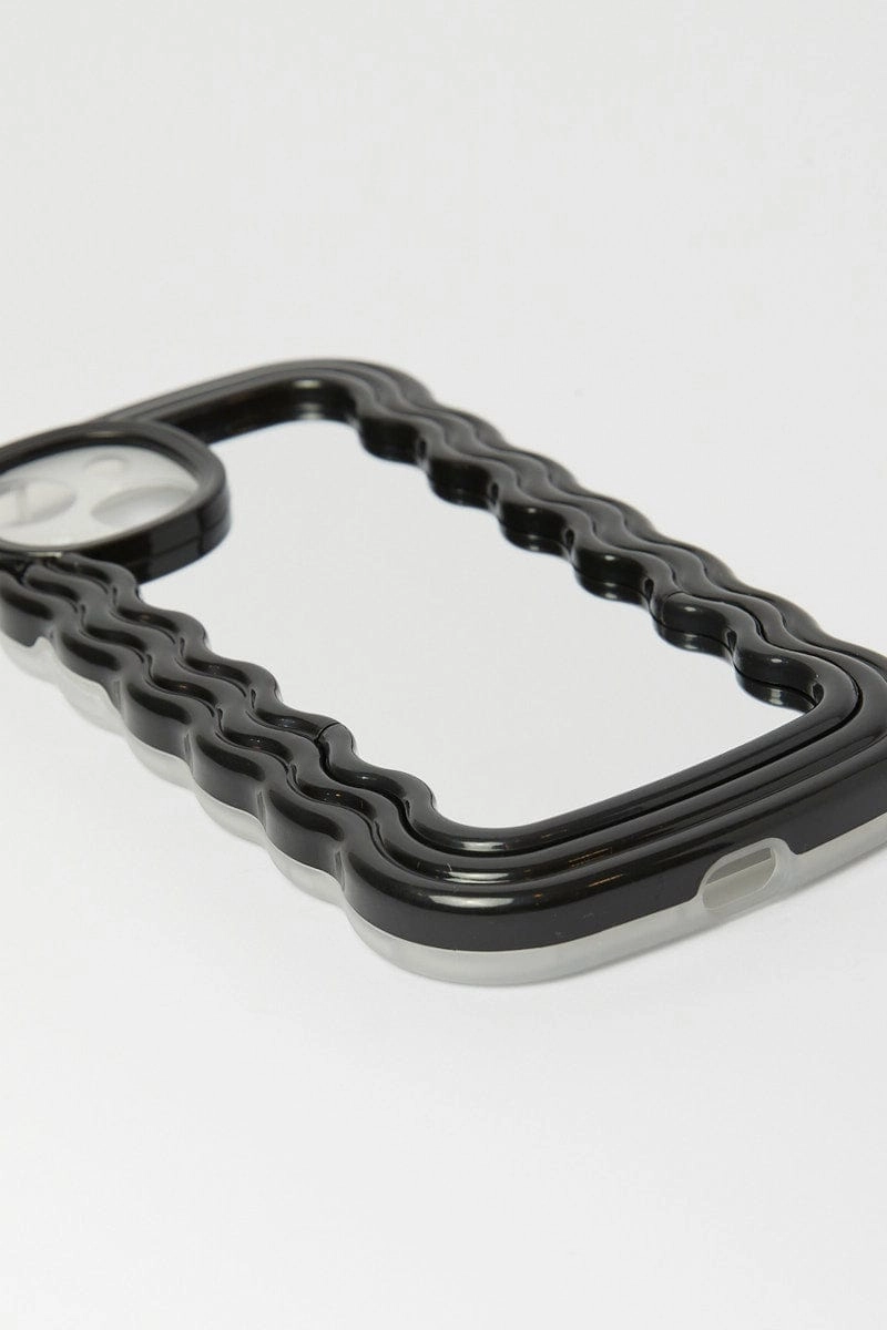 Black iPhone 14 Wavy Abstract Mirror Case with Holder