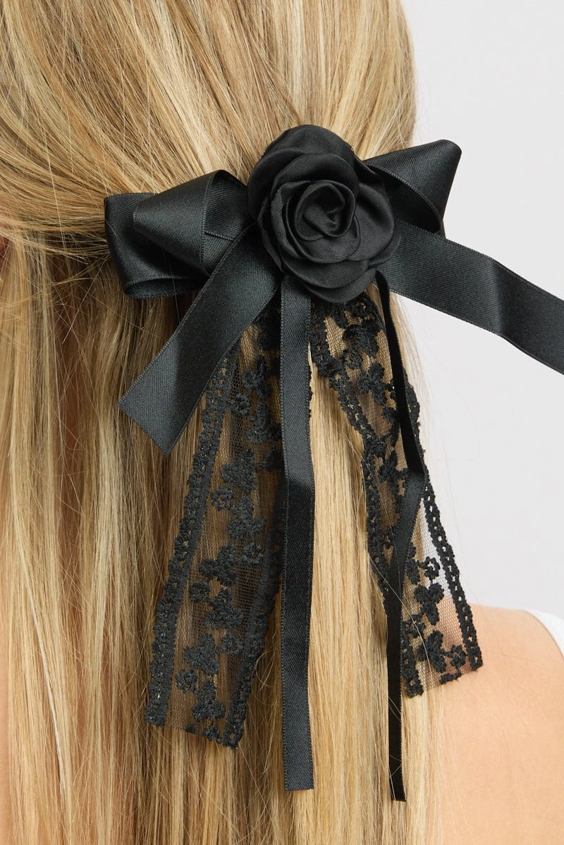 Black Lace Rosette Bow Hair Clip