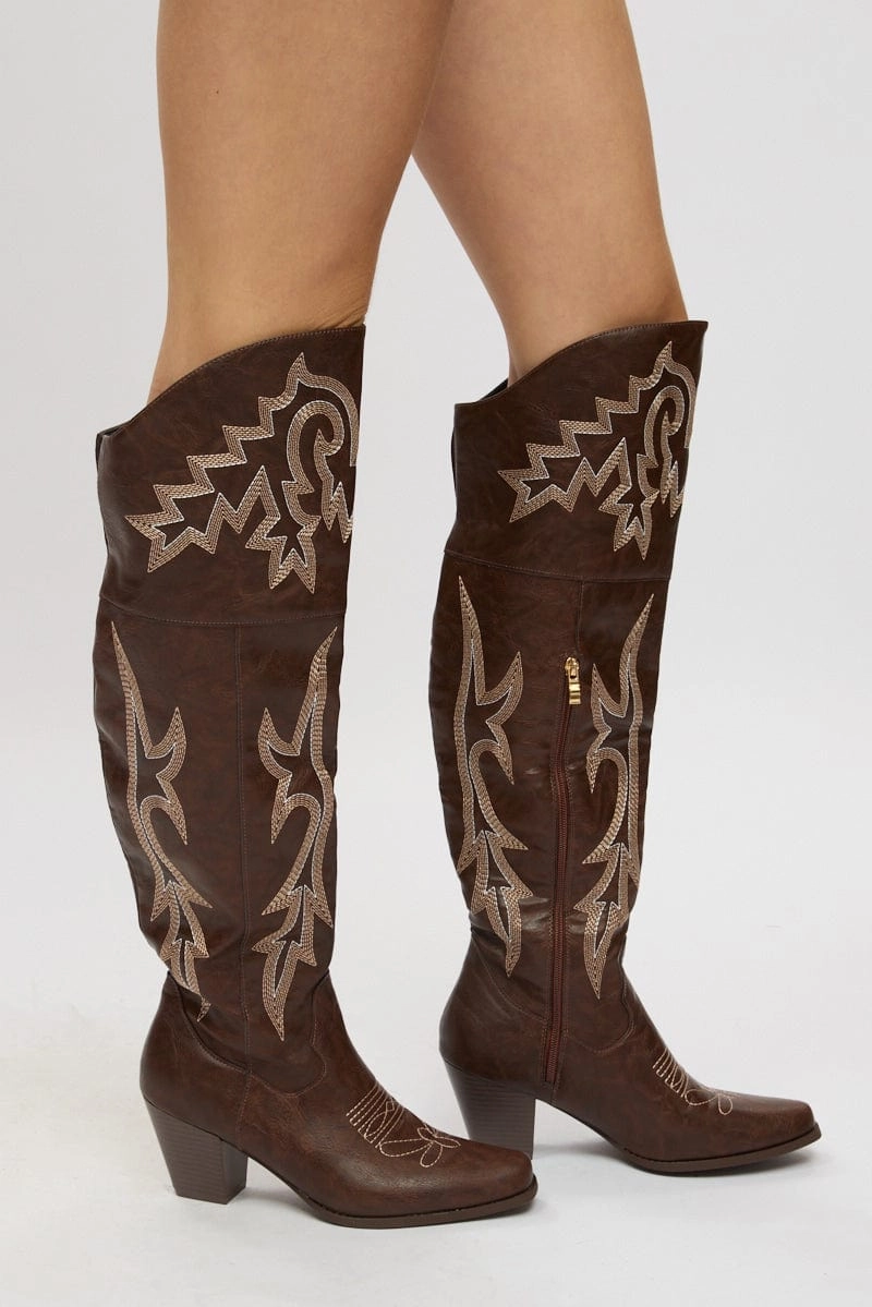 Brown Over The Knee Western Boots