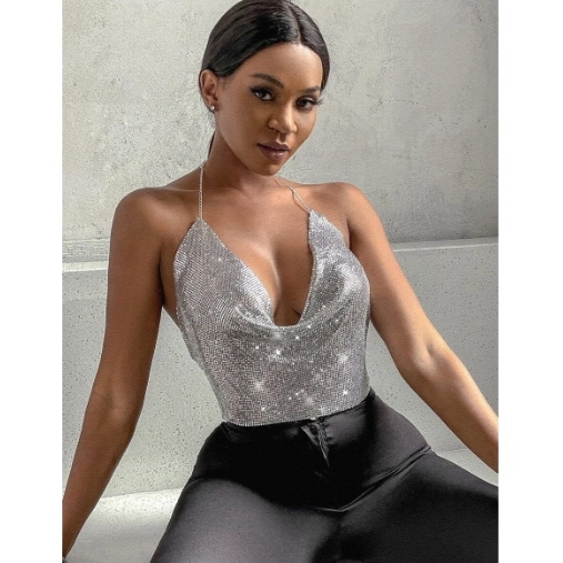 Cowl Neck Backless Metallic Silver Chain Halter Top (L)