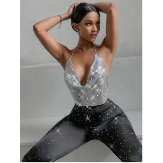 Cowl Neck Backless Metallic Silver Chain Halter Top (L)