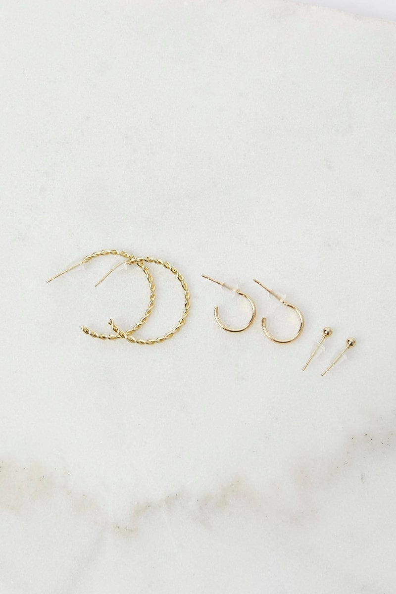 Gold 3 pack Hoop and Ball Earrings