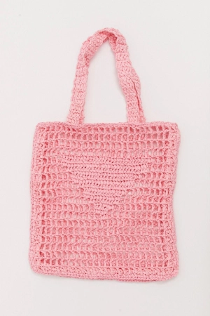 Pink Crochet Straw Tote Bag