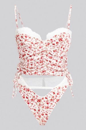 Pink Floral Floral Print Lingerie Set