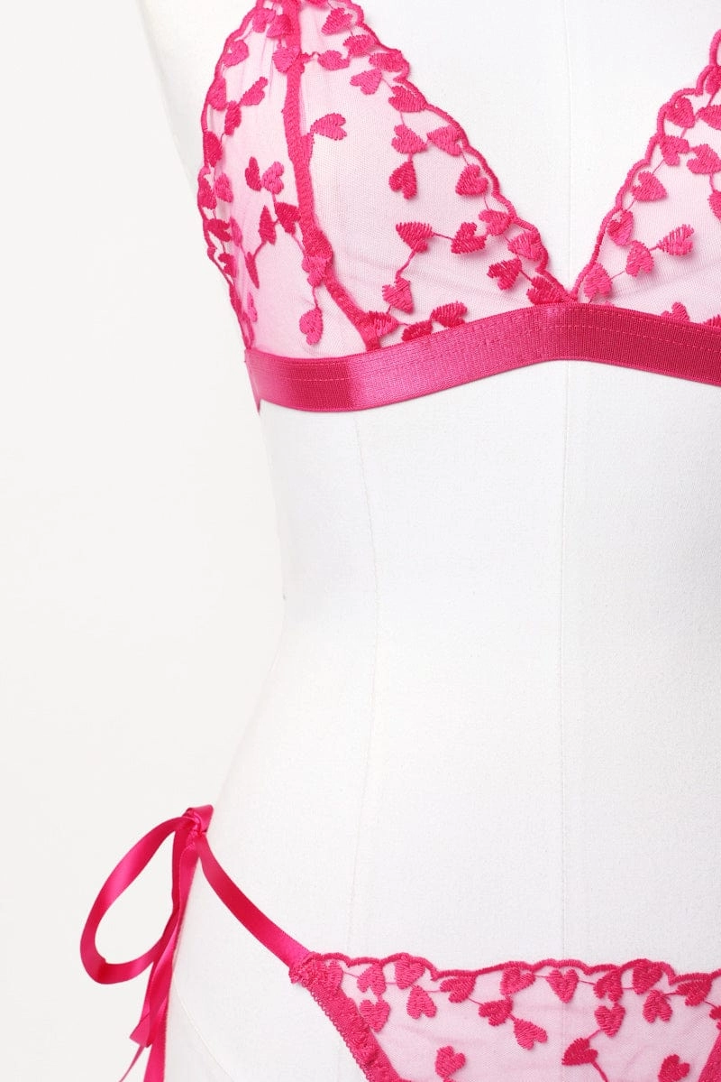 Pink Heart Embroidery Lingerie Set