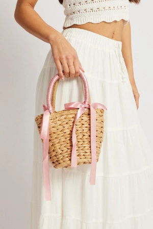 Pink Straw Basket Shoulder Bag with Bows