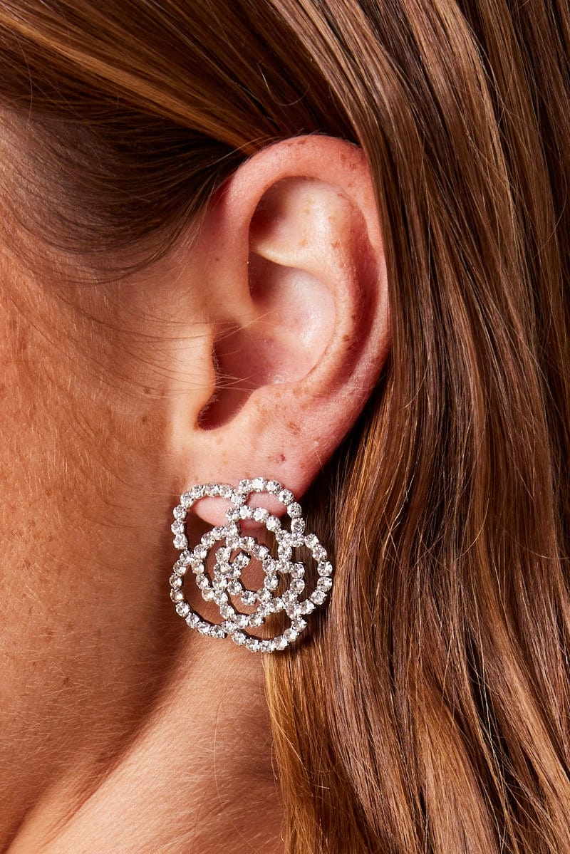 Silver Rose Diamonte Earrings