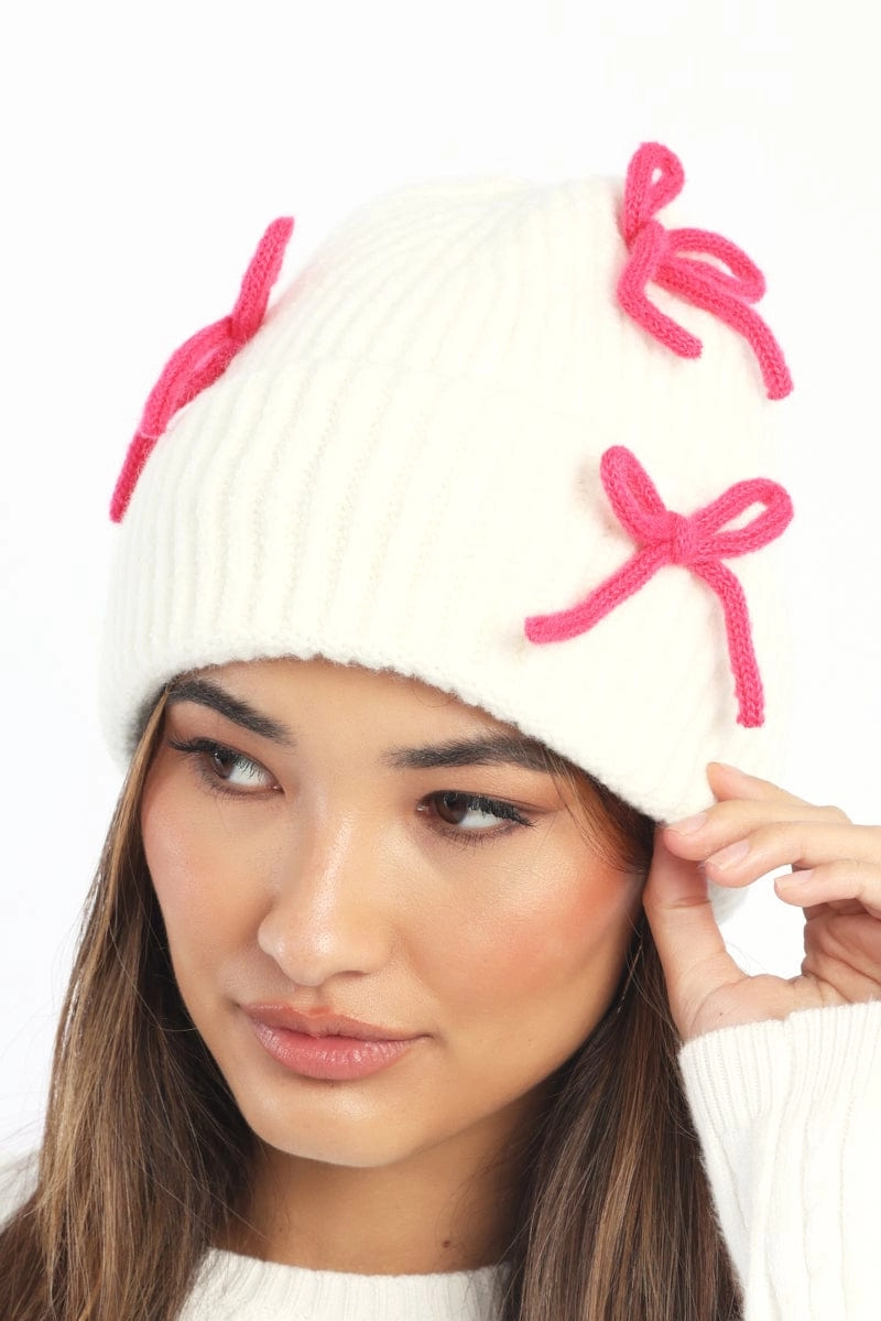 White Bow Decor Beanie