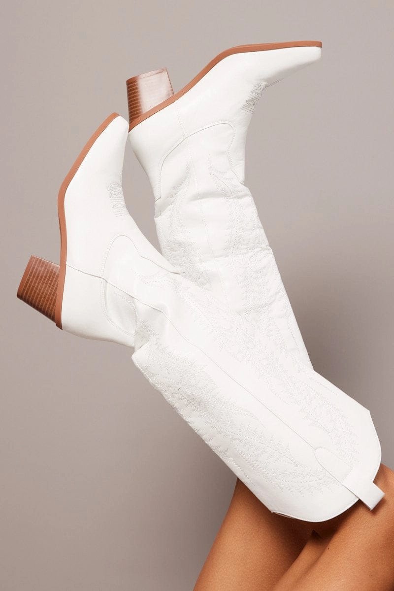 White Embroidered Western Boots