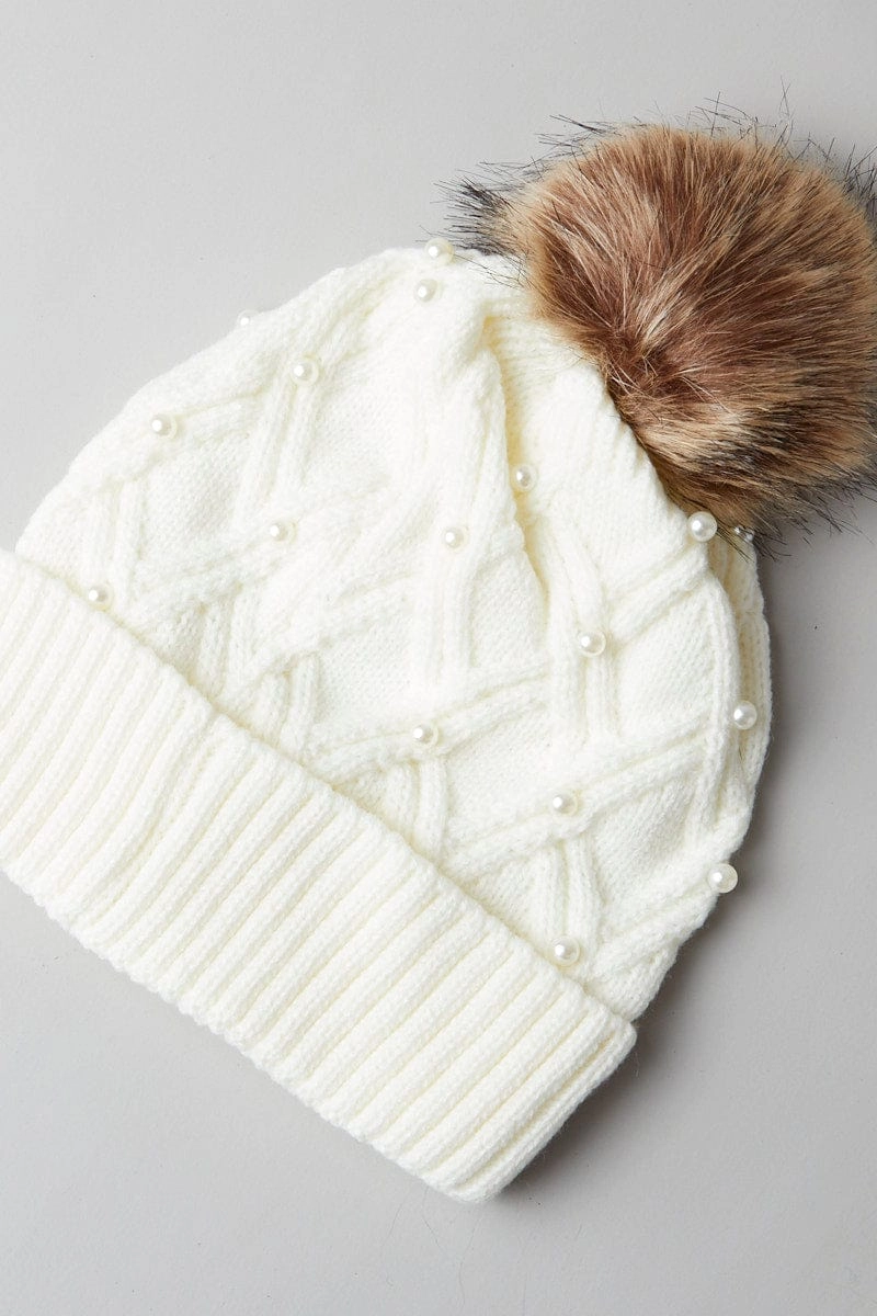 White Faux Fur Pom Pom Beanie