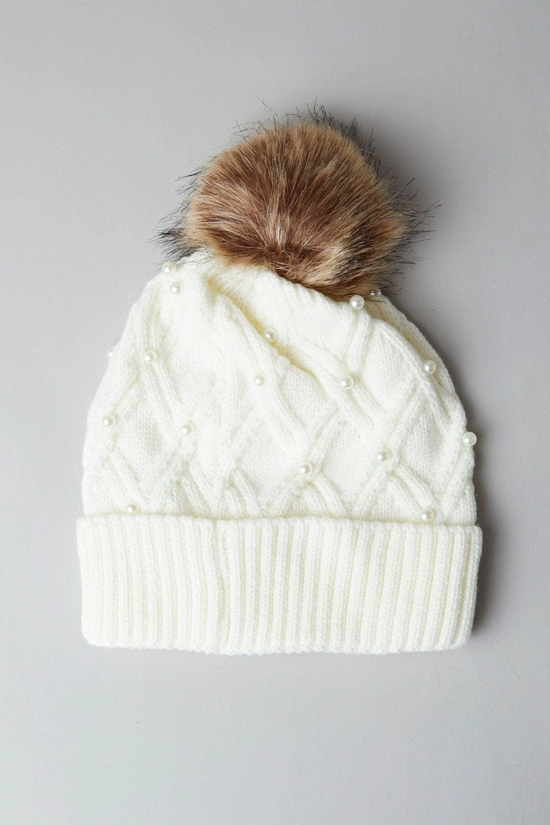 White Faux Fur Pom Pom Beanie