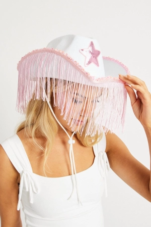 White Festival Cowboy Hat with Tassels